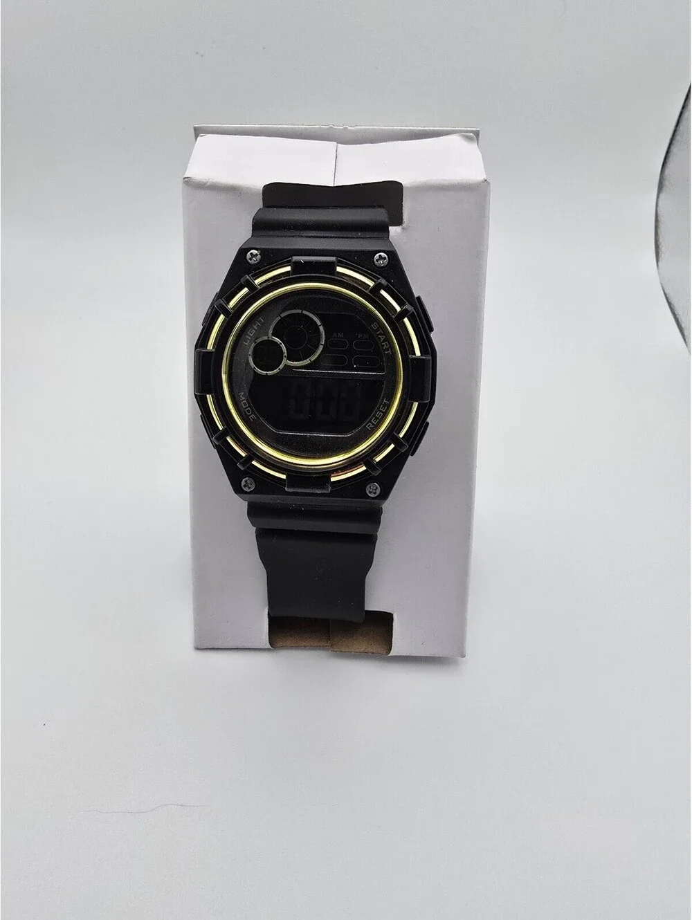 George Alarm Stopwatch Quartz Digital Sport Watch Black Resin Strap Gold Bezel